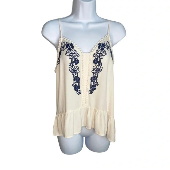 Embroidered Cream & Blue Floral Tank Top Boho Chic, Adjustable Spaghetti Straps - Picture 1 of 7